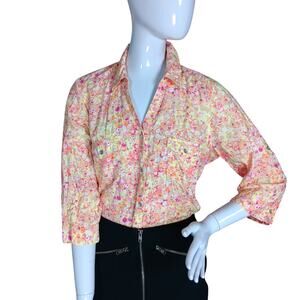 Sonoma Life Style Floral Orange and Pink Button Down Shirt Size Large 3/4 Sleeve